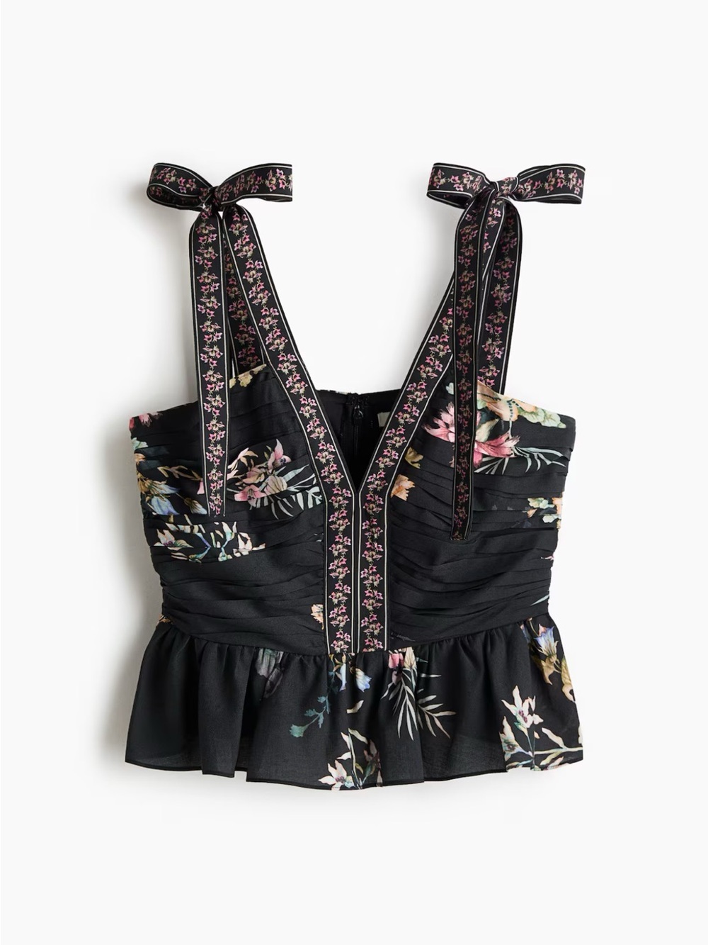 H&M Floral Tie-Strap Peplum Top – Black Multi | Romantic Cottagecore Bustier Top